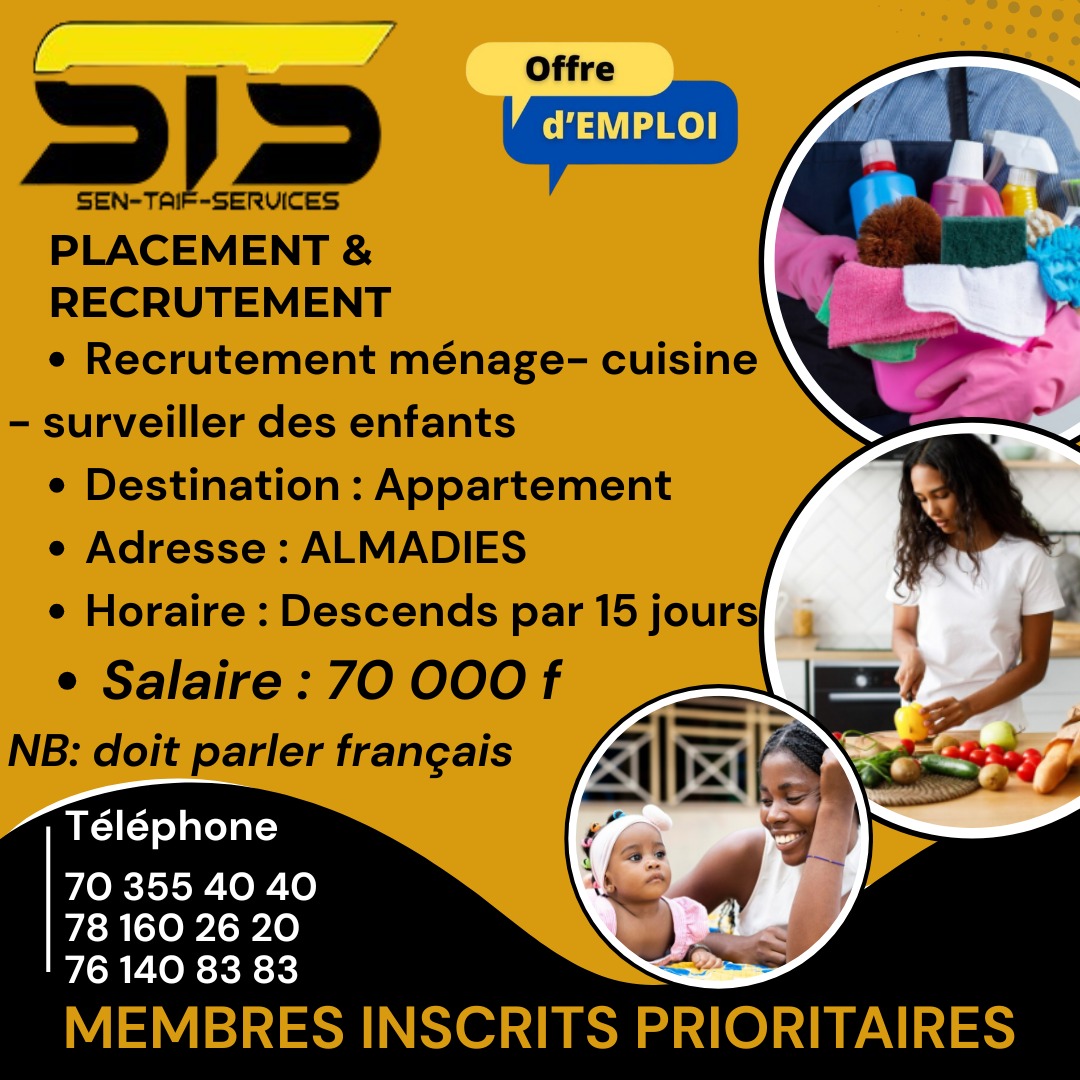 Recrutement ménage- cuisine- surveiller des enfants